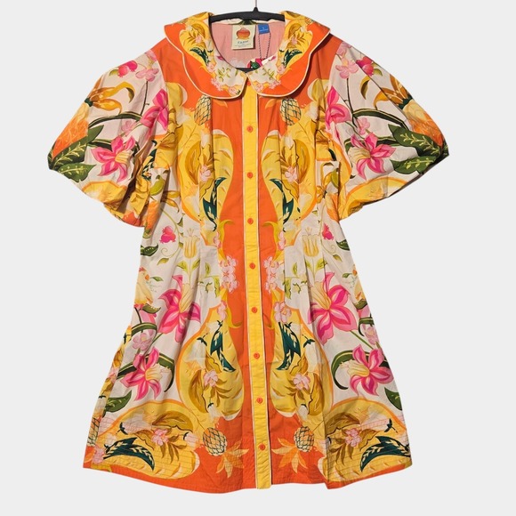 FARM Rio Dresses & Skirts - FARM Rio Tropical Floral Puff Sleeve Button Front Mini Dress L Resortwear NWT